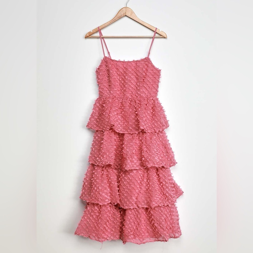 Lulu's Flirting with You Mauve Tiered Pom Pom Midi Dress size XS - Picture 4 of 9